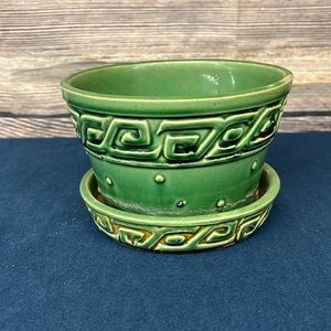 Vintage Green 5.75” McCoy Green Key planter with saucer.